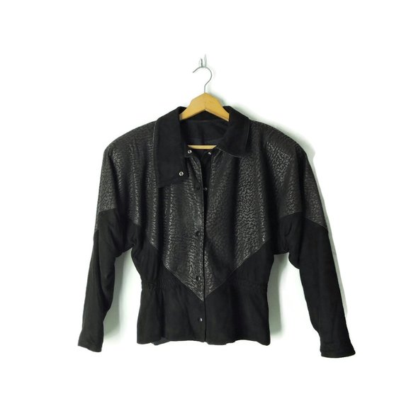 VTG 80s Black Suede Leather women's 6 Jacket big shoulders snap closure vintage - Picture 1 of 10